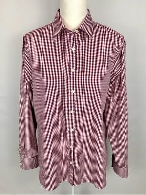 Lands End Women’s No Iron Supima Burgundy White Gingham Long Sleeve Shirt Siz 14